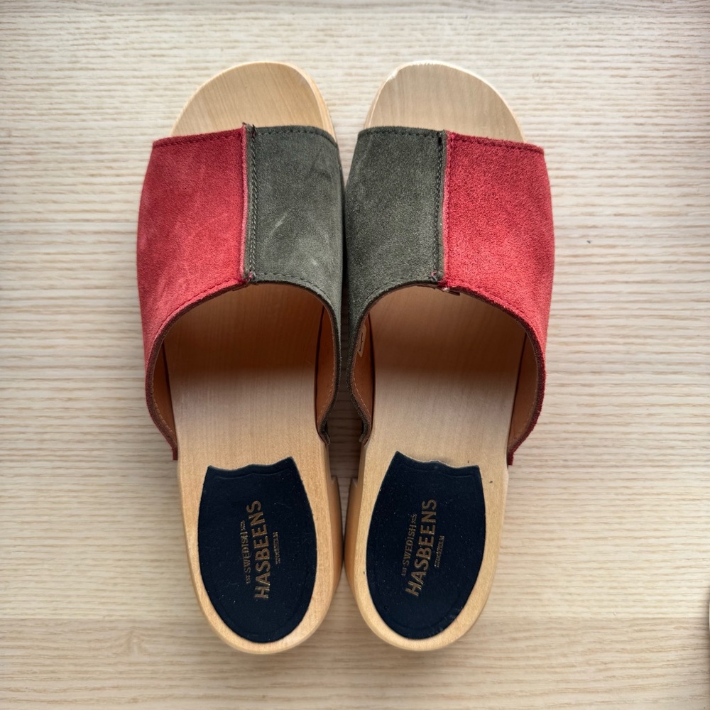SWEDISH HASBEENS - Red and Olive Suede - Open Toe Clogs Mules